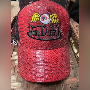Von Dutch Red Snakeskin-Texture Cap with Yellow Winged Eyeball Patch